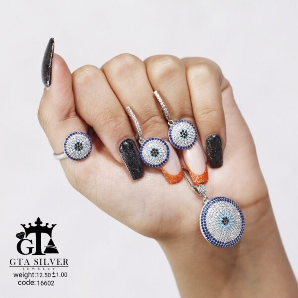 نیم ست نقره میکرو طرح چشم نظر کد 16602 - تصویر 4