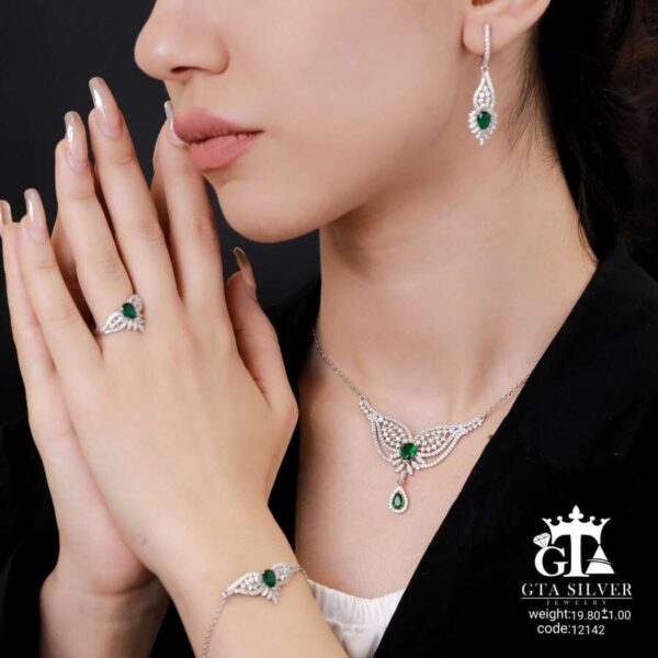 سرویس نقره نگین سبز میکرو زنجیری کد 12142 - Image 2