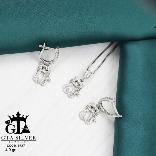 نیم ست نقره میکرو طرح گربه کد 16371 - Image 3