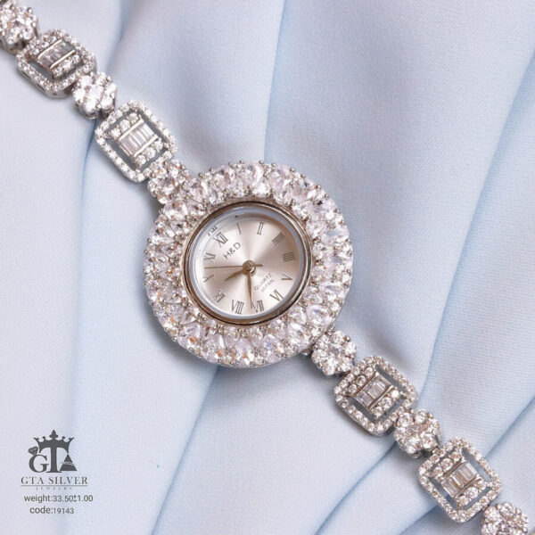 ساعت نقره جواهری روکش رادیوم طرح فلاور و کارتیر کد 19143 - Image 4
