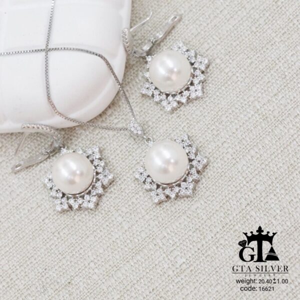 نیم ست نقره میکرو مرواریدی کد 16621 - تصویر 3