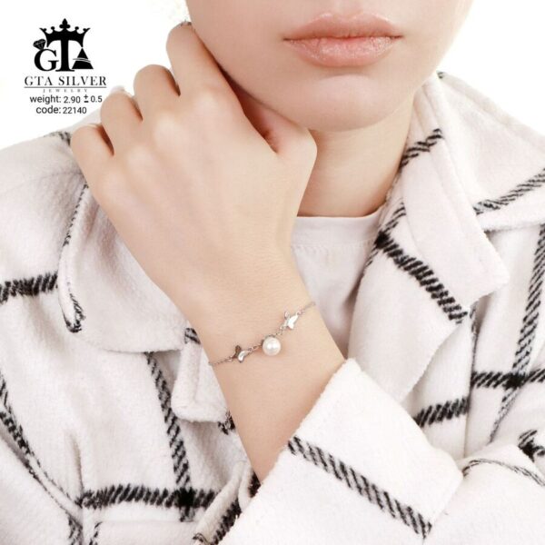 دستبند نقره میکرو طرح پروانه مروارید دار کد 22140 - Image 2