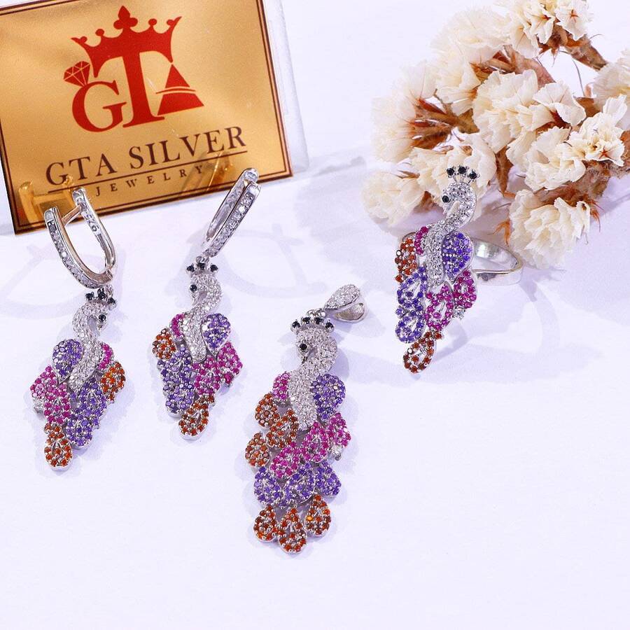 product_ae2edb25-cb2e-4e0b-8e76-31a1a9ec31c7.jpg نیم ست نقره میکرو رنگی طرح طاووس کد 16266 - Image 1